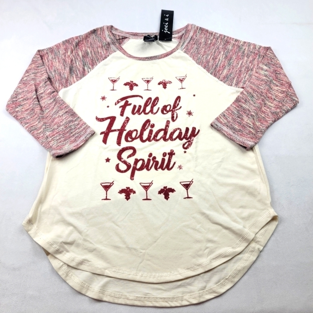 NWT Full of Holiday Spirit drinking alcohol Holiday Christmas 3/4 sleeve shirt